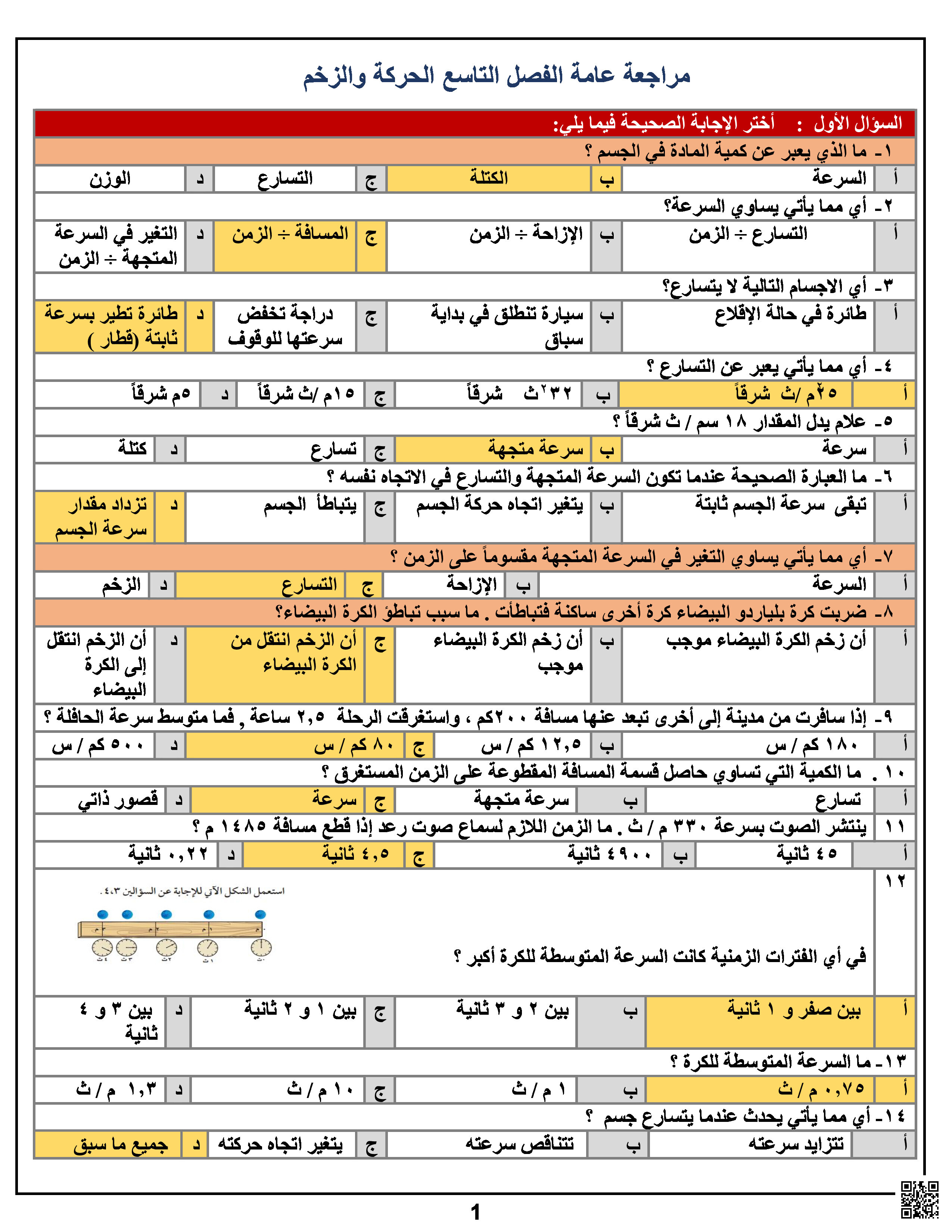 مراجعة عامة محلولة و شاملة لفصول المنهج - علوم - الصف الصف الثالث المتوسط - الفصل الفصل الثالث