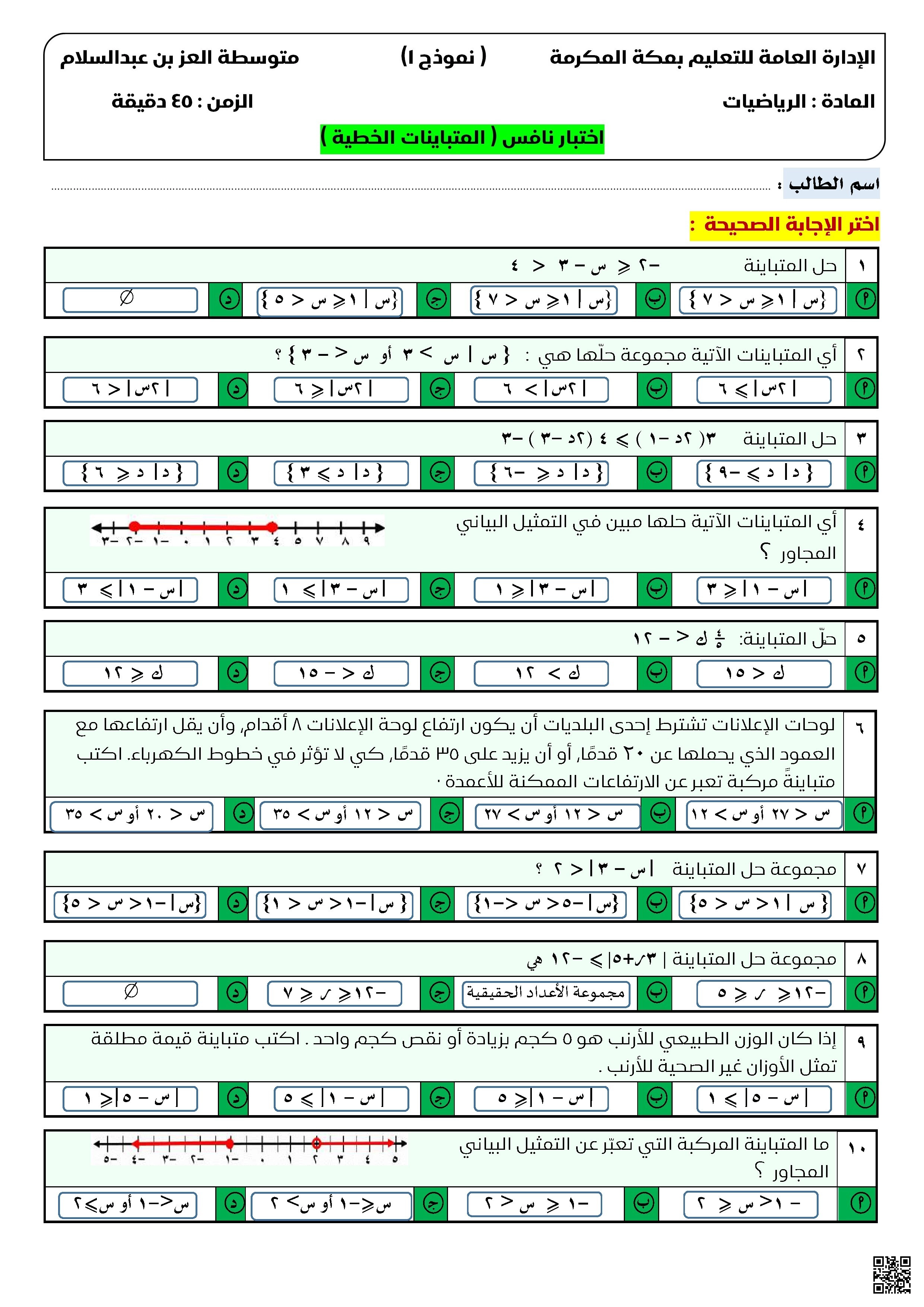نموذجا اختبار نافس لفصل المتباينات الخطية - رياضيات - الصف الصف الثالث المتوسط - الفصل الفصل الأول