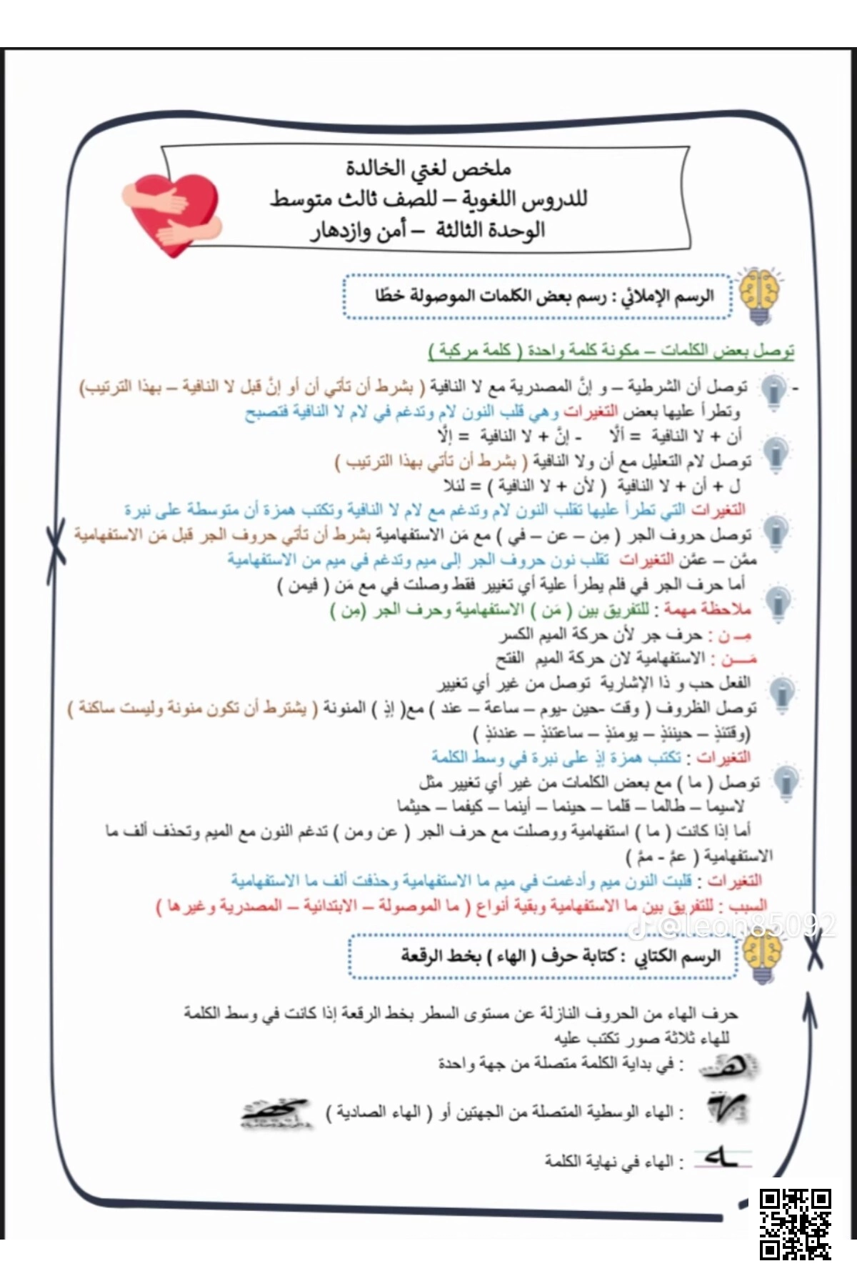 ملخص الرسم الإملائي والوظائف النحوية واللغوية - لغة عربية - الصف الصف الثالث المتوسط - الفصل الفصل الأول