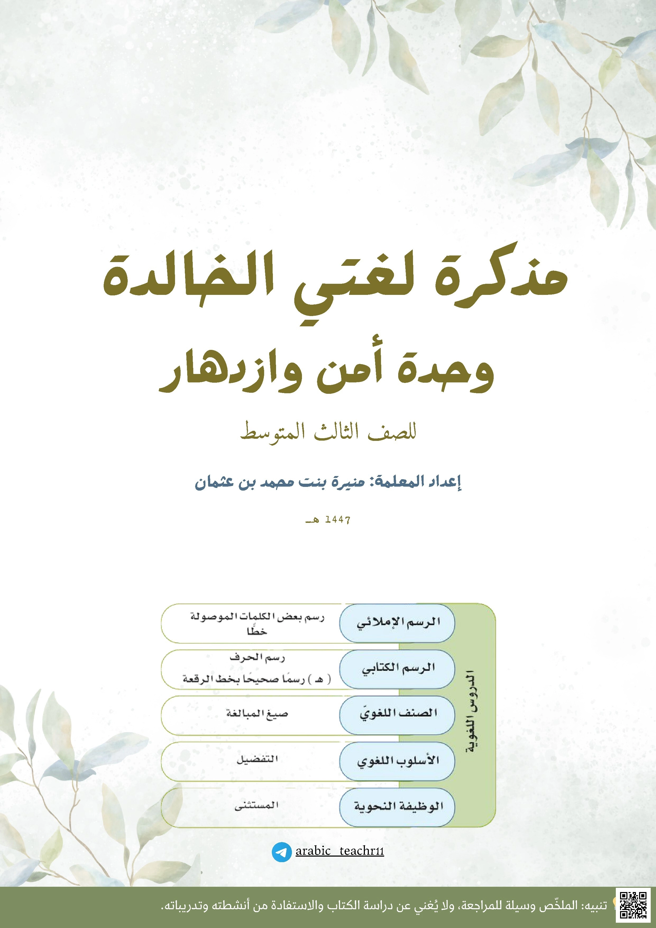 مذكرة قواعد وحدة أمن وازدهار - لغة عربية - الصف الصف الثالث المتوسط - الفصل الفصل الأول