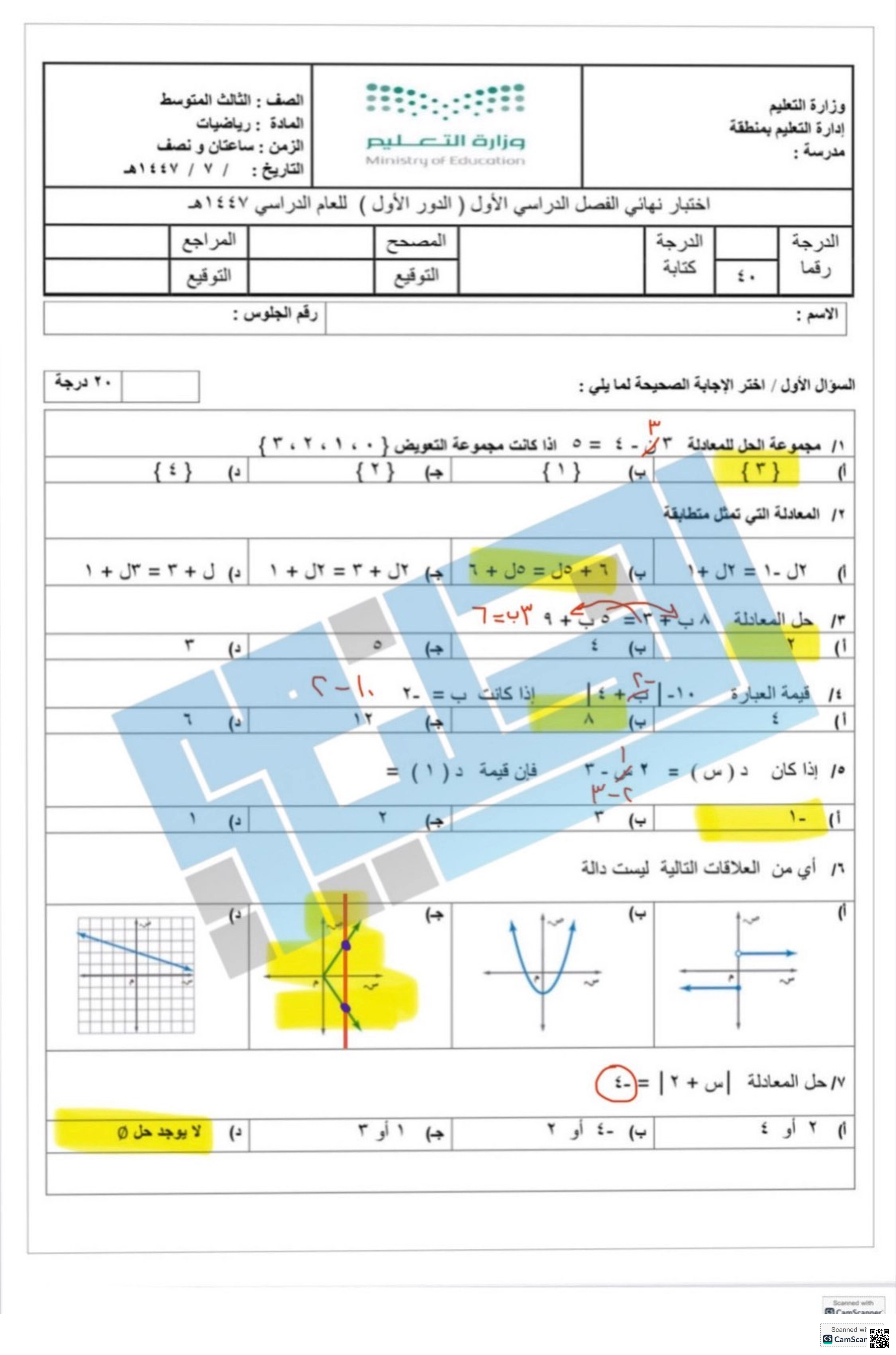 نماذج اختبارات رياضيات: المعادلات والمتباينات والدوال - رياضيات - الصف الصف الثالث المتوسط - الفصل الفصل الأول