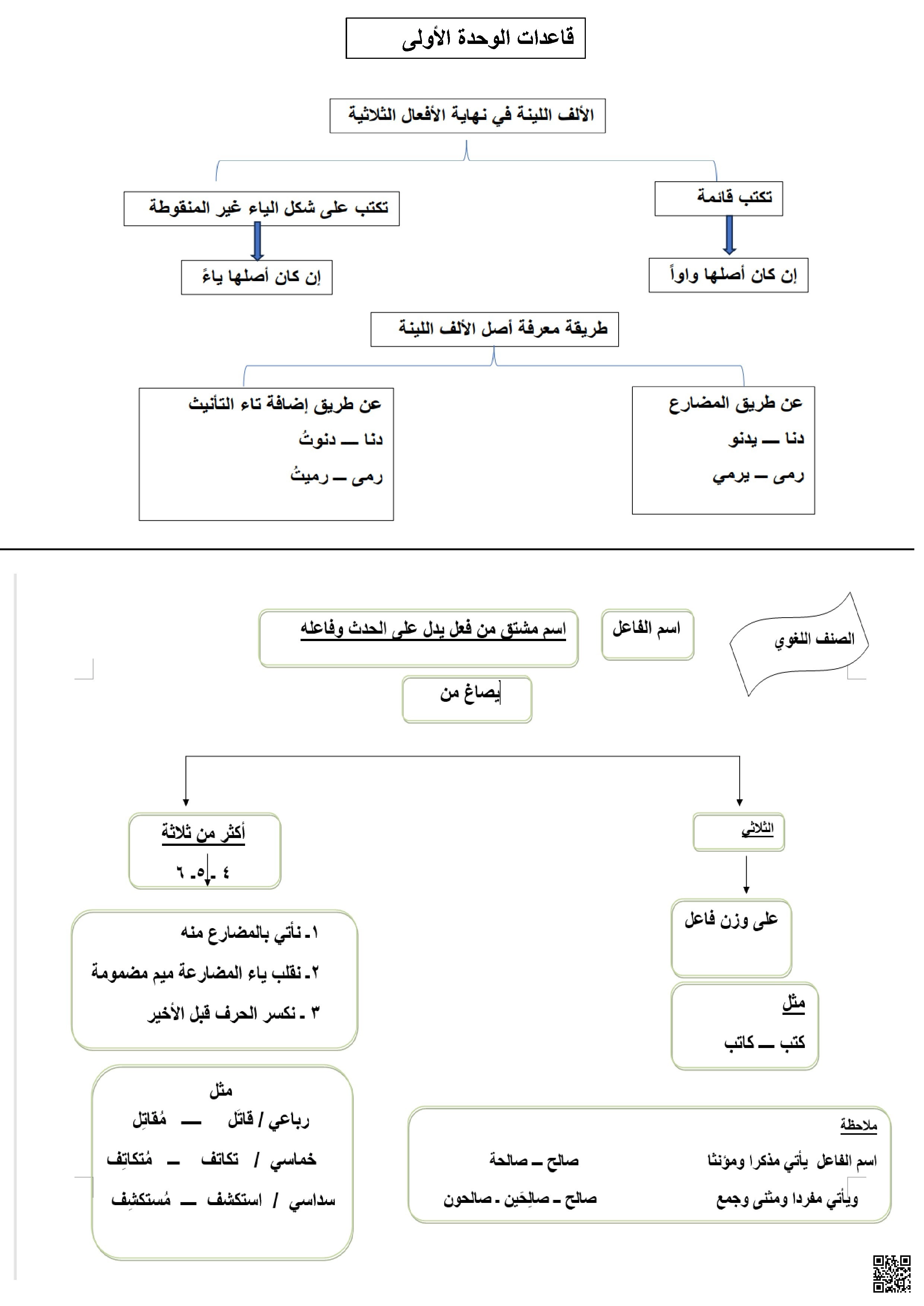 الخريطة المفاهيمية للقواعد النحوية والألف اللينة واسم الفاعل - لغة عربية - الصف الصف الثالث المتوسط - الفصل الفصل الأول