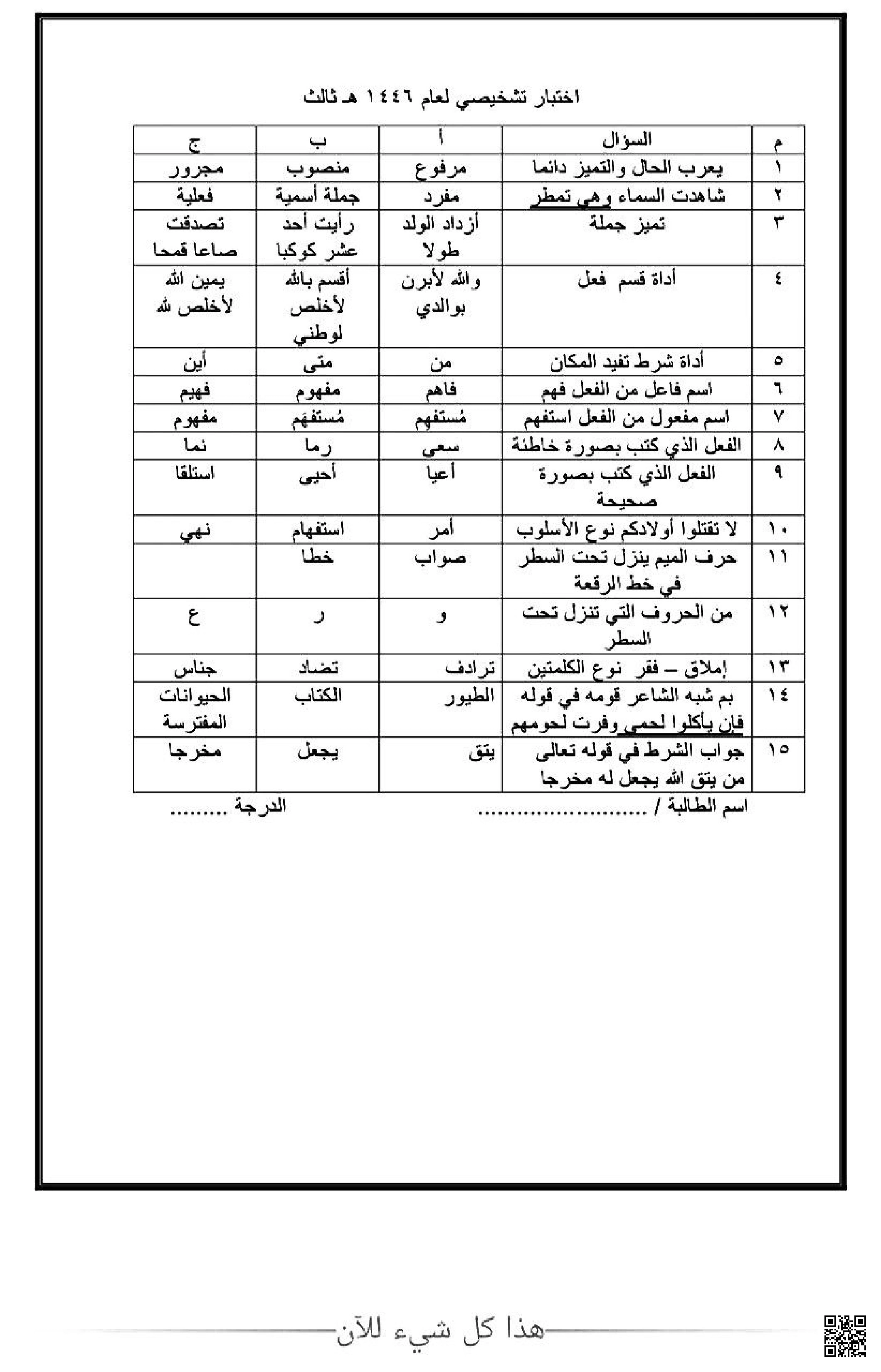 اختبار تشخيصي 1 - لغة عربية - الصف الصف الثالث المتوسط - الفصل الفصل الثاني