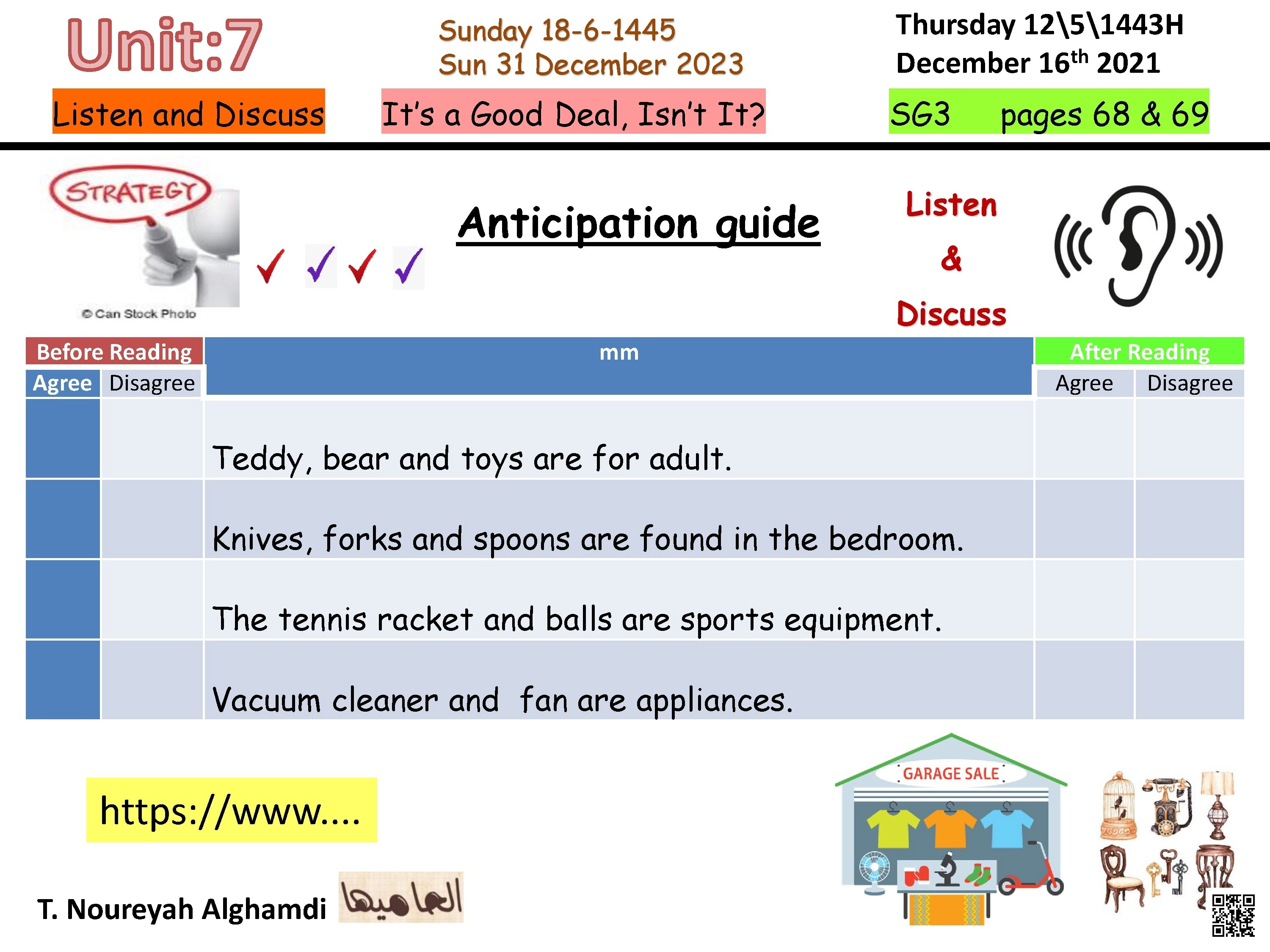 الدرس الأول الوحدة السابعة ورقة عمل نشاط دليل التوقع لوحدة بيع المرآب - لغة انجليزية - الصف الصف الثالث المتوسط - الفصل الفصل الثاني