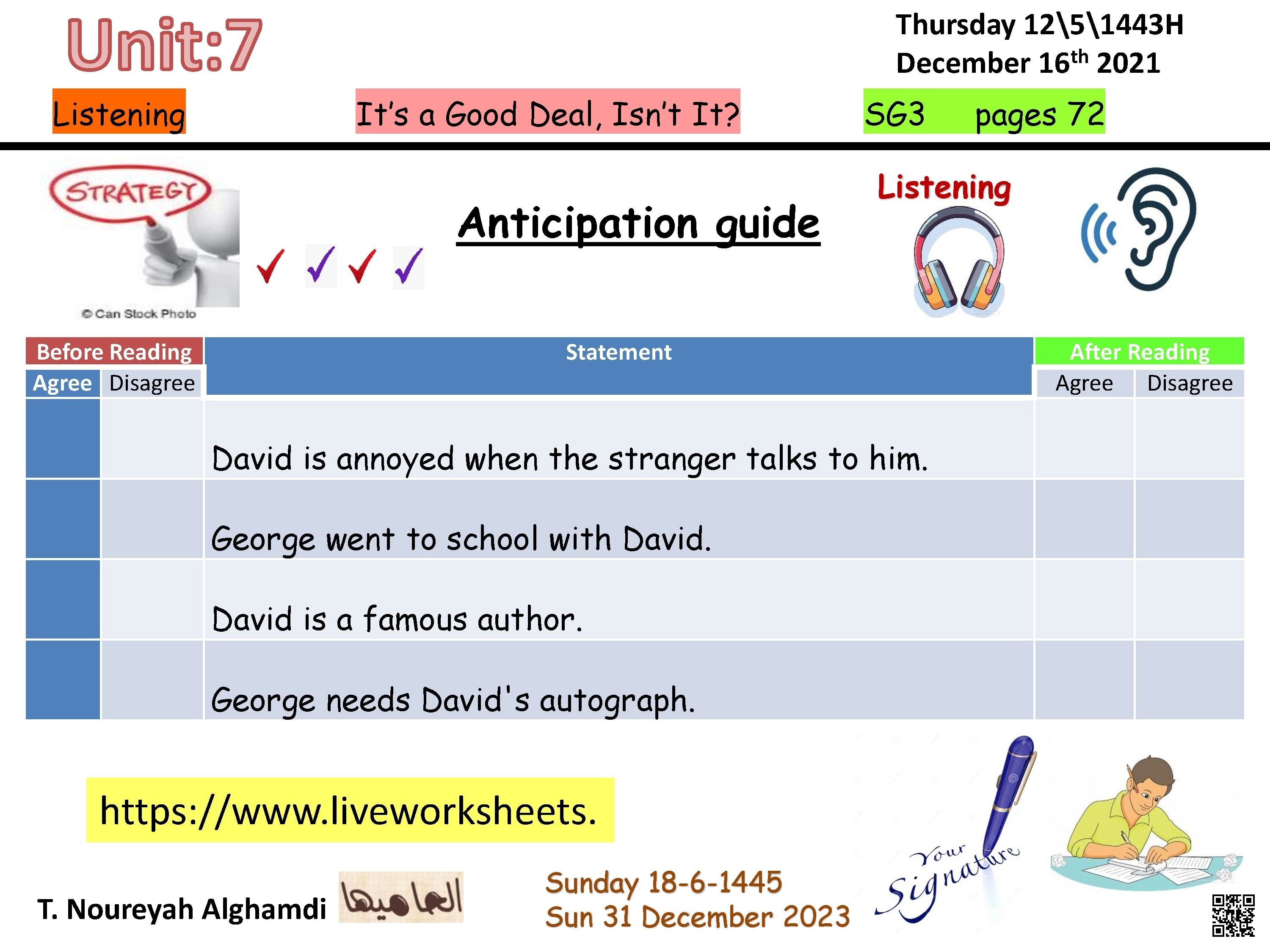 الدرس3 الوحدة7 ورقة نشاط استباقي لتحليل محادثة استماع حول سوء الفهم بين شخصين - لغة انجليزية - الصف الصف الثالث المتوسط - الفصل الفصل الثاني
