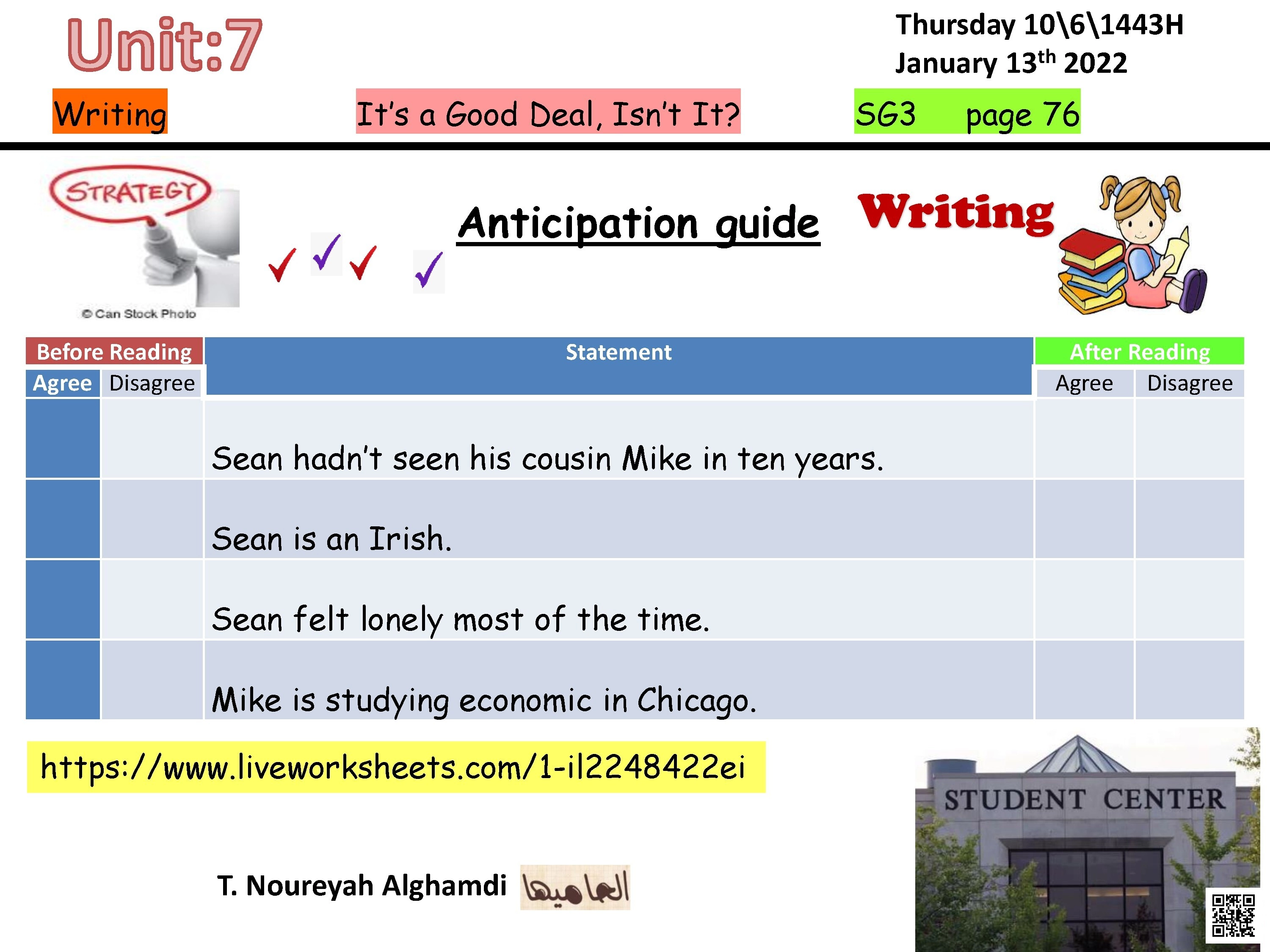 الدرس6 الوحدة7 ورقة عمل التوقع التفاعلي لدرس الكتابة حول اللقاءات الصدفية - لغة انجليزية - الصف الصف الثالث المتوسط - الفصل الفصل الثاني