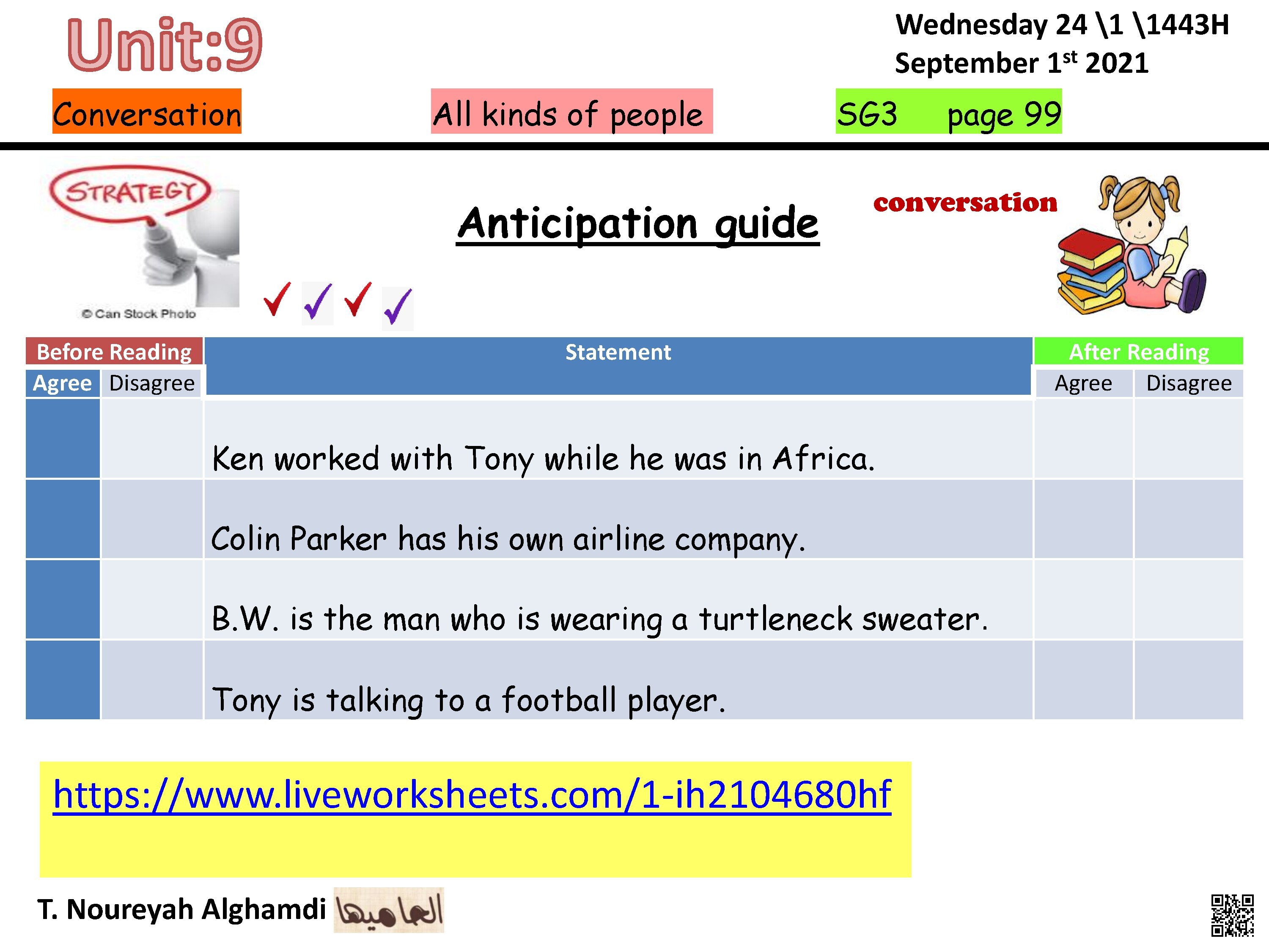 الدرس4 الوحدة9 ورقة عمل تعزيزية لمهارات المحادثة في وحدة أنواع الناس - لغة انجليزية - الصف الصف الثالث المتوسط - الفصل الفصل الثاني