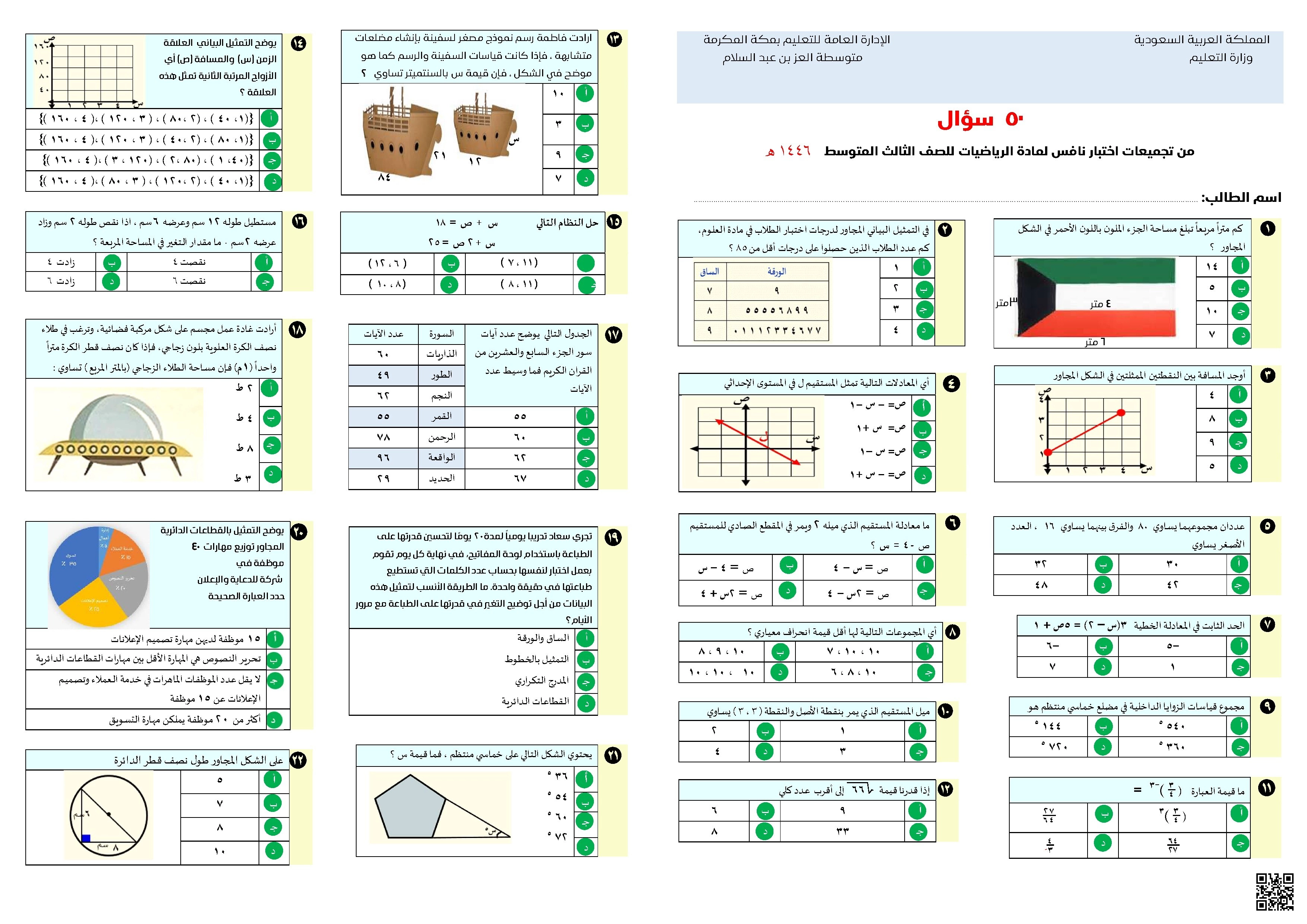 تجميعات اختبار نافس تطوير مهارات متقدمة في التحليل والتطبيق - رياضيات - الصف الصف الثالث المتوسط - الفصل الفصل الثاني