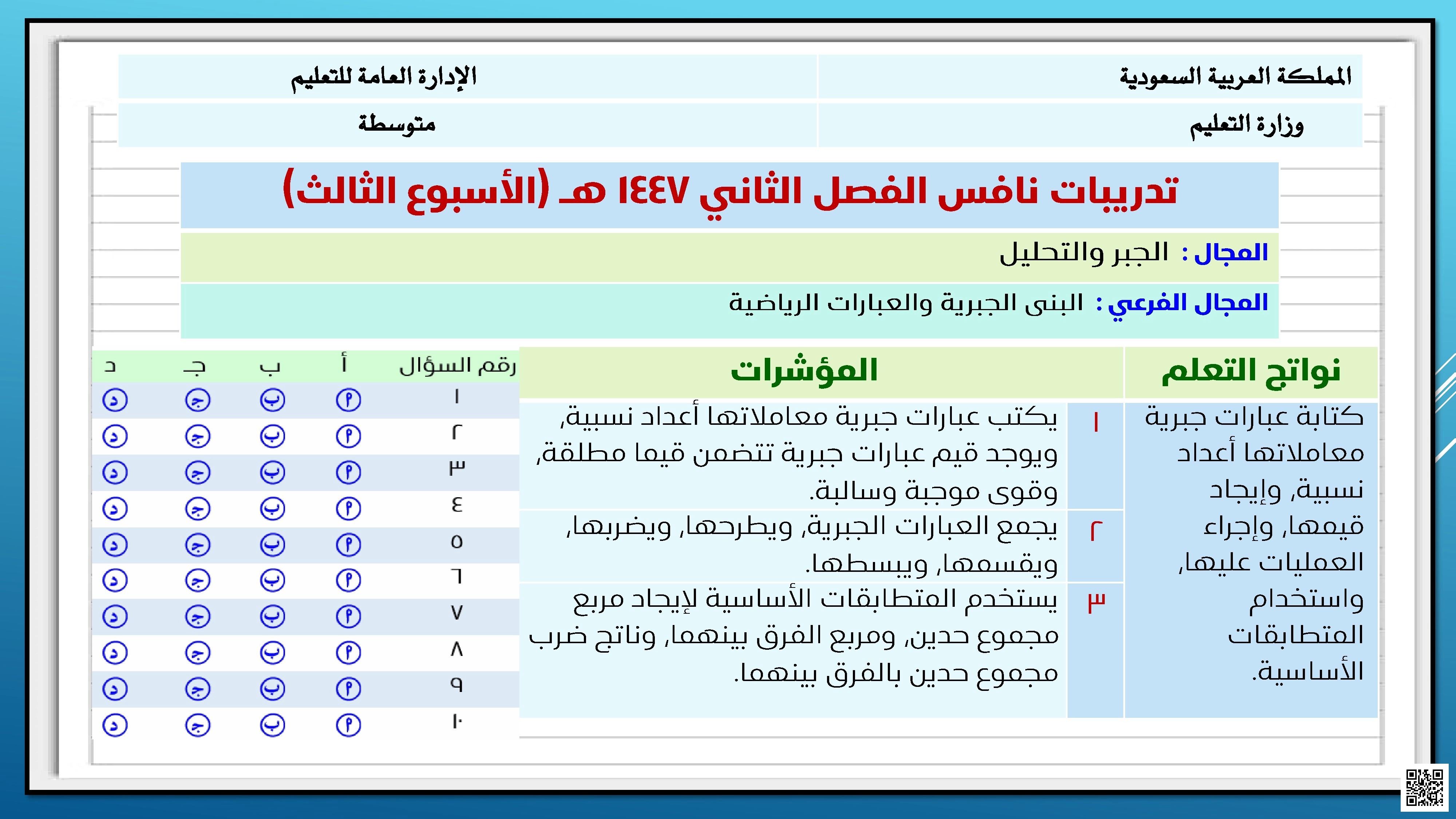 عرض بوربوينت تدريبات نافس الإسبوع 3 في الجبر والتحليل للبنى الجبرية والعبارات الرياضية 1447ه‍ - رياضيات - الصف الصف الثالث المتوسط - الفصل الفصل الثاني