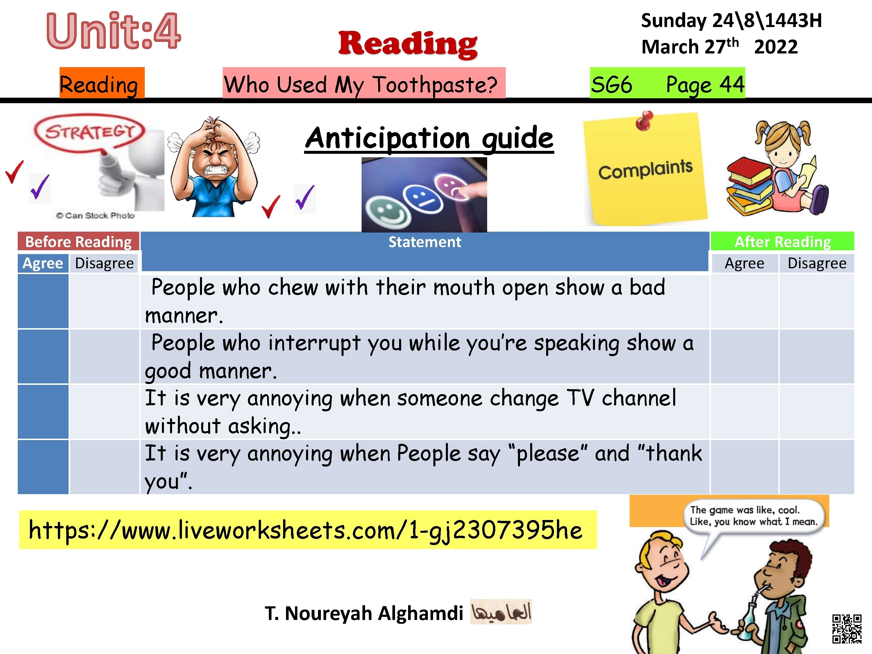 الدرس الخامس الوحدة العاشرة ورقة عمل تفاعلية لاستراتيجية التوقع قبل القراءة - لغة انجليزية - الصف الصف الثالث المتوسط - الفصل الفصل الثاني