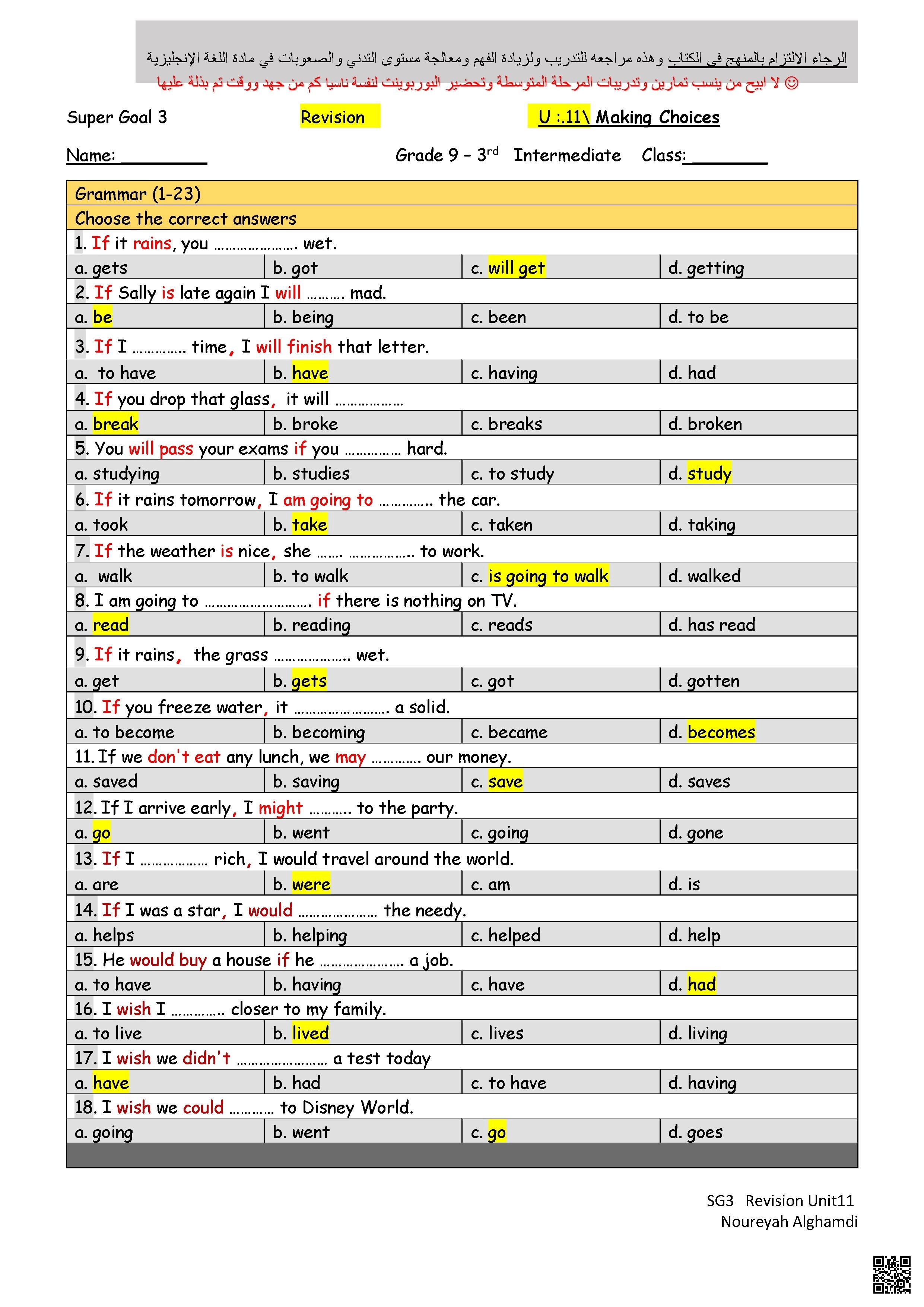 حلول مراجعة وتمارين تقوية لرفع مستوى التدني ورفع نواتج التعلم الوحدة11 صنع القرارات