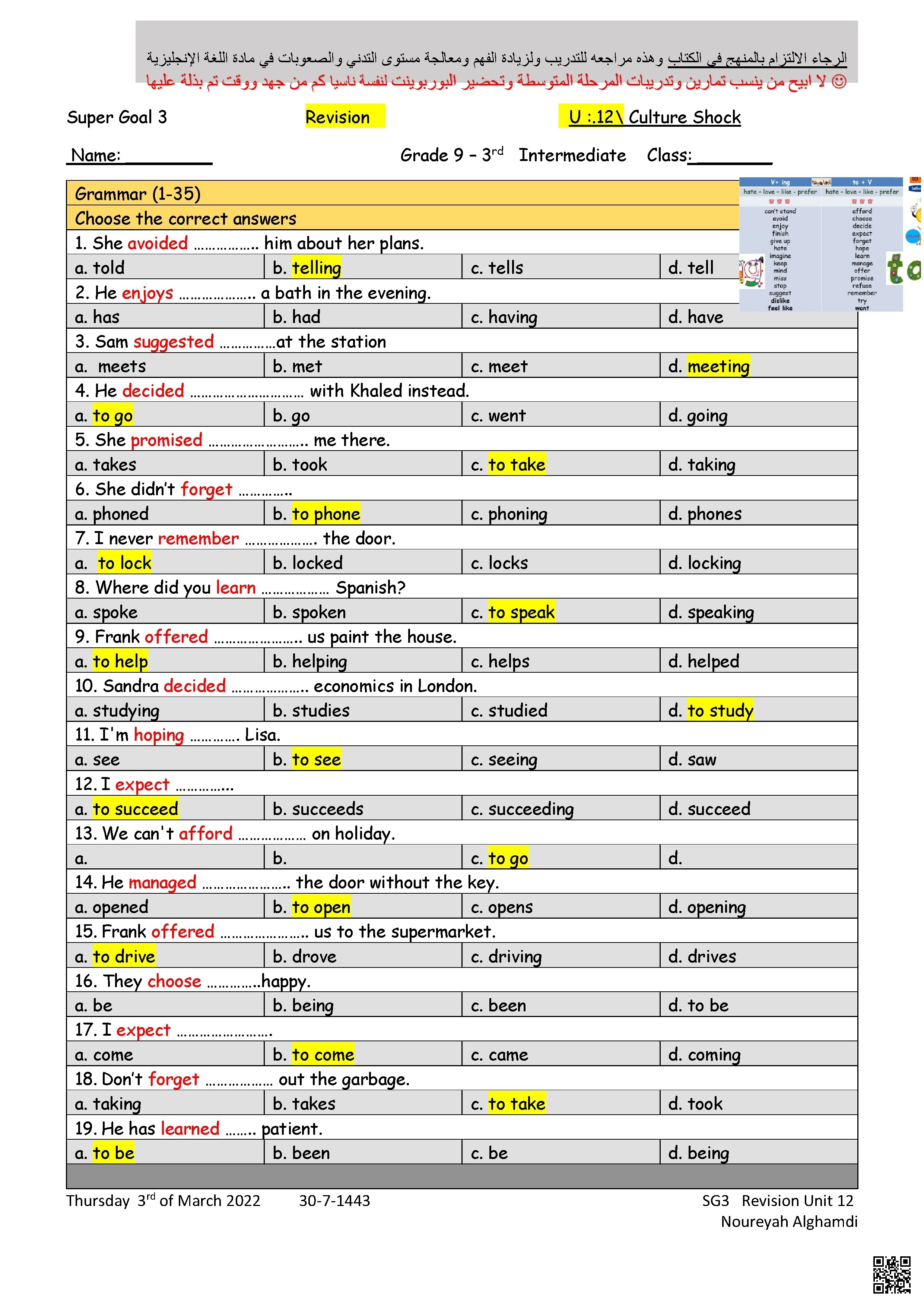 حلول مراجعة وتمارين تقوية لرفع مستوى التدني ورفع نواتج التعلم الوحدة12 الاختلافات الثقافية