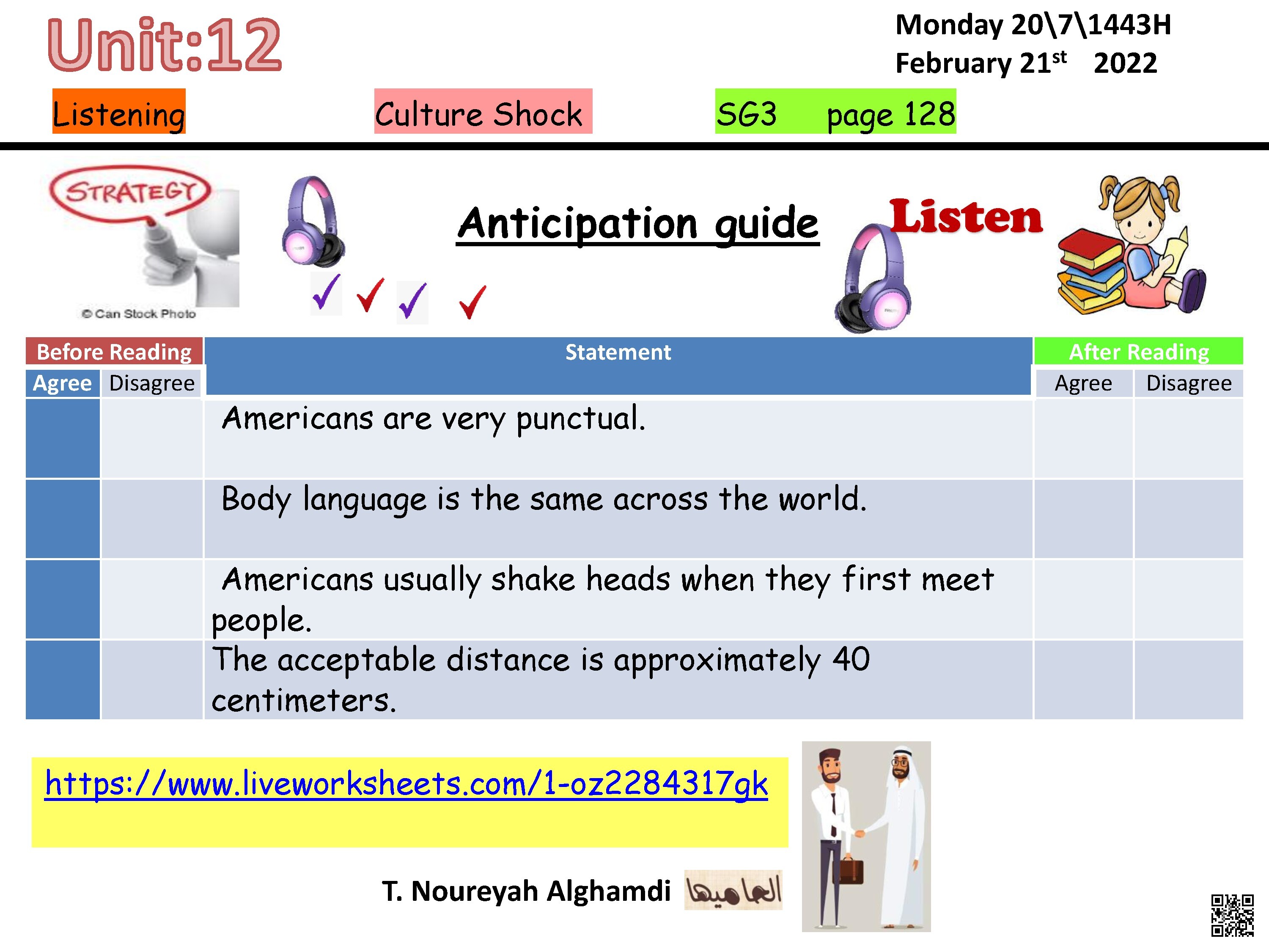 الدرس الثالث الوحدة 12 ورقة عمل استباقية لدرس الاستماع الصدمة الثقافية - لغة انجليزية - الصف الصف الثالث المتوسط - الفصل الفصل الثاني