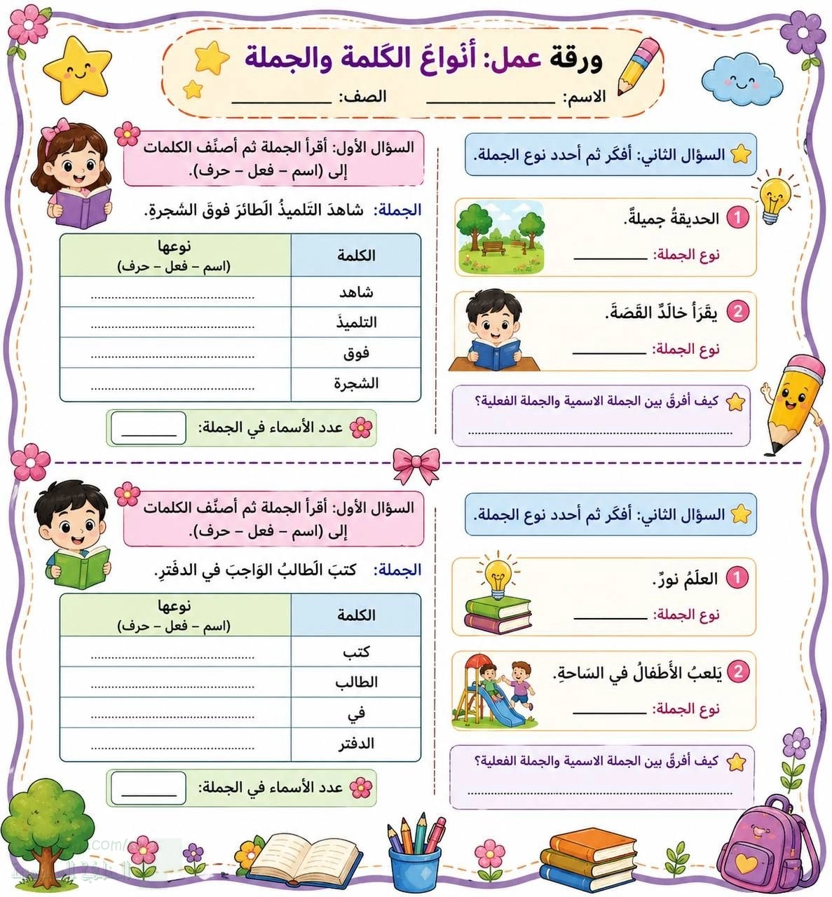 ورقة عمل أنواع الكلمة والجملة