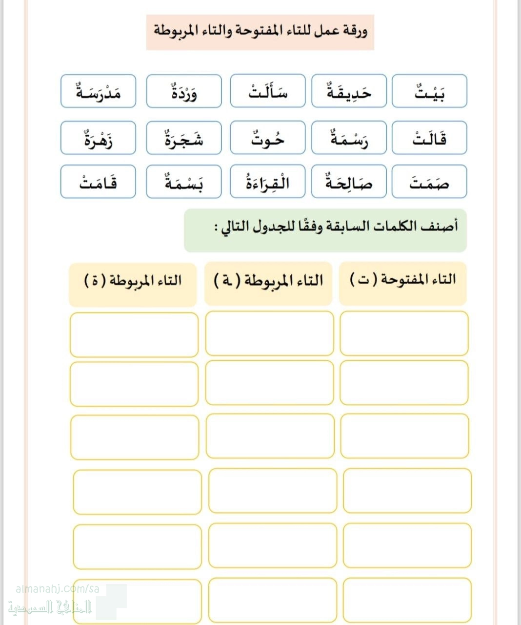 ورقة عمل للتاء المفتوحة والتاء المربوطة
