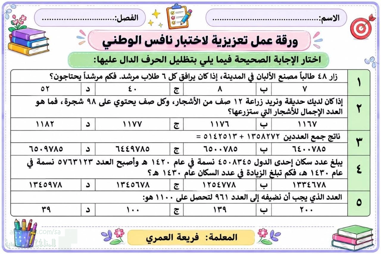ورقة عمل تعزيزية لاختبار نافس الوطني