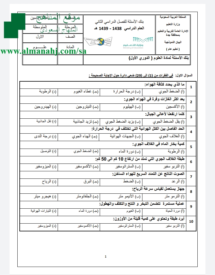 بنك أسئلة علوم 7 الصف الأول المتوسط علوم الفصل الثاني المناهج السعودية