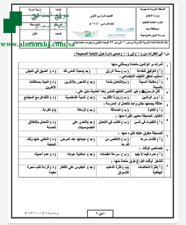 بنك أسئلة اختبار الفترتين 1 2 الصف الأول المتوسط التربية الأسرية الفصل الأول المناهج السعودية