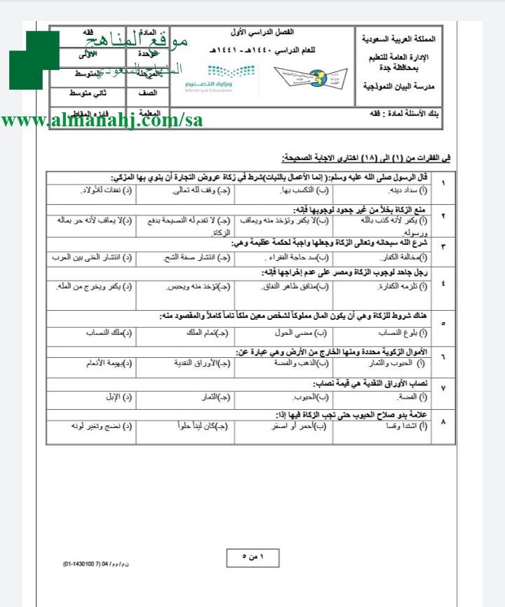 بنك أسئلة اختبار الصف الثاني المتوسط الفقه الفصل الأول المناهج السعودية