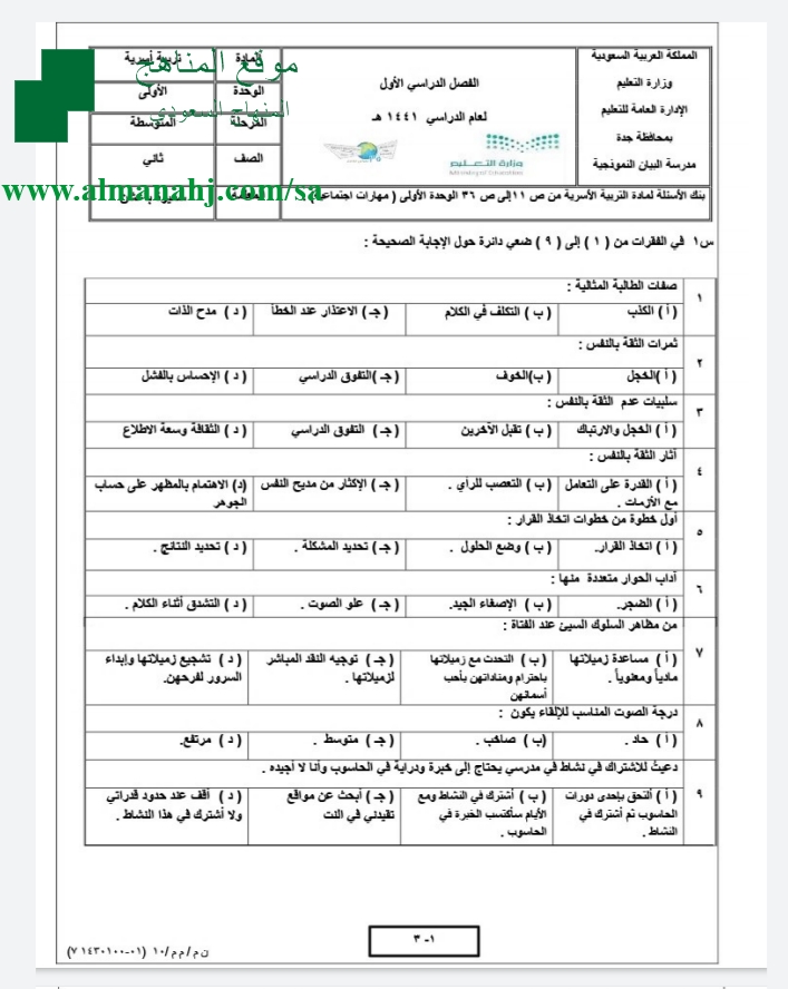 نموذج اختبار بنك أسئلة الصف الثاني المتوسط التربية الأسرية الفصل الأول المناهج السعودية