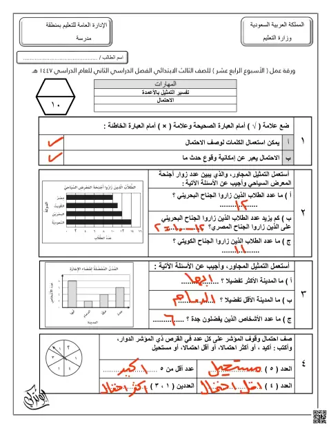 إجابة ورقة عمل الأسبوع الرابع عشر تفسير التمثيل بالأعمدة الاحتمال
