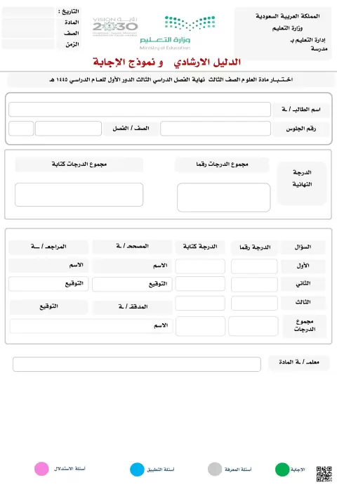 الدليل الارشادي إجابة نموذج اختبار نهاية الفصل 1445ه‍