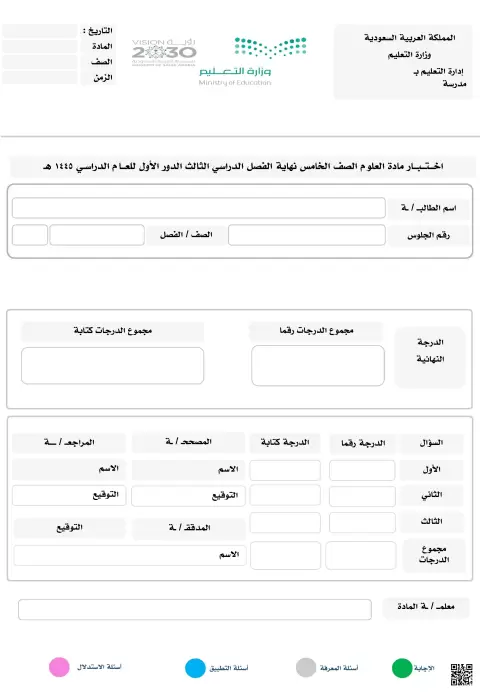 إجابة نموذج اختبار نهاية الفصل 1445ه‍