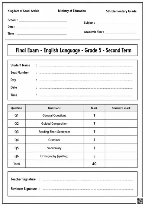 Final Exam English Language Grade 5
