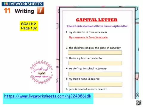 الدرس السادس الوحدة 12 ورقة عمل تدريبات أحرف الكتابة الكبيرة Capitalization